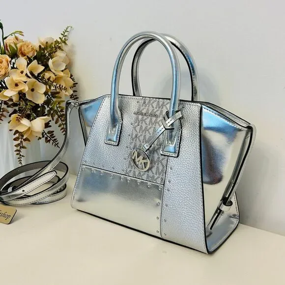 Michael Kors Purse Avril Small Leather Satchel Crossbody Bag Silver